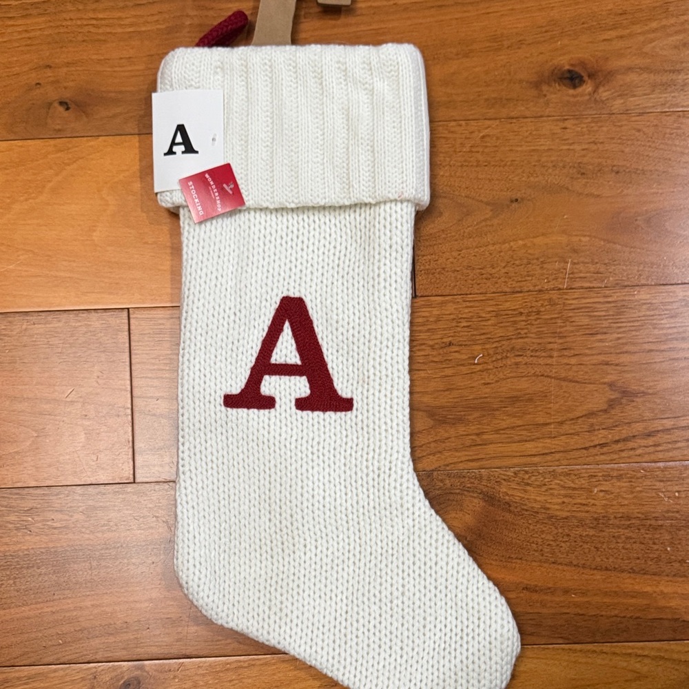 Elegant White Knit Stocking with Red Initial- “letter A”